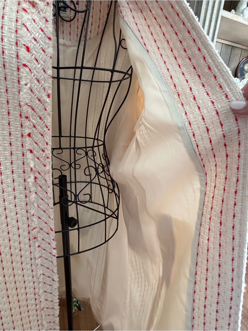 Anne Klein Soft Pink Textured Long Coat with Subtle Red Accents - Picture 5 of 16